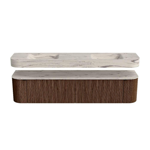 MONDIAZ THOR-DLUX 200cm meuble de salle de bains arrondi gauche + droite couleur Walnut avec 2 tiroirs et 2 portes. Vasque suspendue CLOUD Double sans trou de robinet couleur Nata. SW1467155