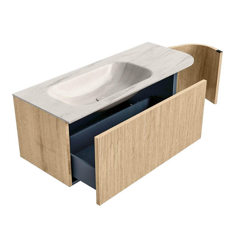 MONDIAZ KURVE-DLUX Meuble de salle de bains 115 cm arrondi Droite couleur Chêne avec 1 tiroir et 1 porte. Lavabo BIG SMALL Gauche 1 trou de robinet Meli. SW1431609