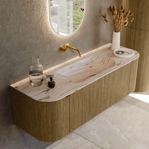 MONDIAZ KURVE-DLUX Meuble de salle de bains 140cm arrondi Gauche + Droite couleur Dusk avec 1 tiroir et 2 portes. Lavabo BIG SMALL Central sans trou de robinet Nata. SW1432384