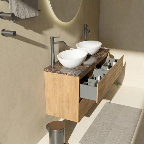 Saniclass Holz Pure Badkamermeubelset - 120x45x63cm - Noche natuurstenen topblad dark emperador - 2 kraangaten - 4 lades - mat eiken natural (hout) SW1478313