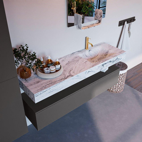 Mondiaz ALAN-DLUX Ensemble de meuble - 150cm - meuble Dark grey mat - 1 tiroir - Lavabo Cloud Glace suspendu - vasque Droite - 1 trou de robinet SW805576