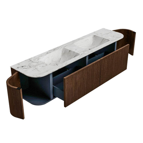 MONDIAZ KURVE-DLUX 180cm badmeubel met module 25 Len R kleur Walnut met 2 lades en 2 deuren. Wastafel LEAF dubbel 2 kraangaten kleur Glace. SW1138066