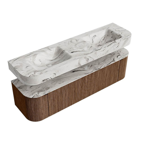 MONDIAZ THOR-DLUX 170cm meuble de salle de bains arrondi gauche + droite couleur Walnut avec 1 tiroir et 2 portes. Vasque suspendue CLOUD Double 2 trous de robinet couleur Glace. SW1465582