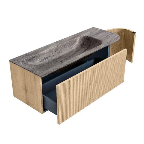 MONDIAZ KURVE-DLUX Meuble de salle de bains 125cm arrondi Droite couleur Chêne avec 1 tiroir et 1 porte. Lavabo BIG MEDIUM Gauche sans trou de robinet Oza. SW1432648
