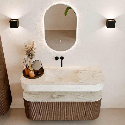 MONDIAZ THOR-DLUX 120cm badmeubel ronding links + rechts kleur Walnut met 1 lade en 2 deuren. Vrijhangende wastafel CLOUD Midden zonder kraangat kleur Ostra. SW1463217