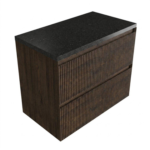 Saniclass Holz Atelier Badkamermeubelset - 80x45x63cm - Noche basalten wastafelblad gepolijst (zwart) - zonder kraangat - 2 lades - mat eiken charcoal (hout) SW1478538