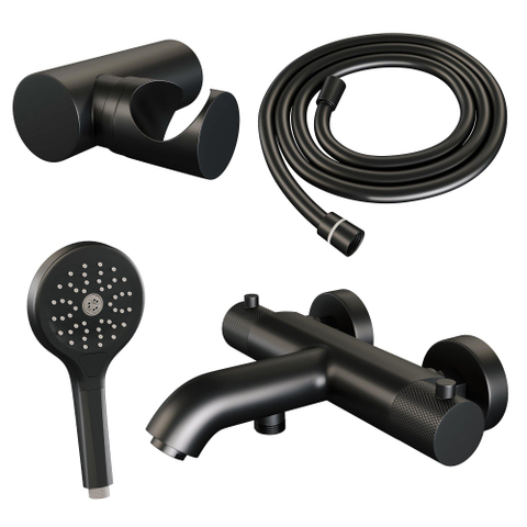 Robinet de baignoire Brauer Black Carving à poser - ensemble de douche - 1 fonction - 2 boutons avec relief - douchette ronde 3 positions - noir mat SW1164556