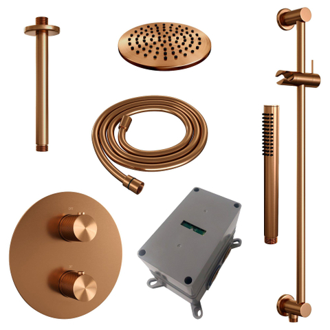 BRAUER Copper Carving thermostatische Inbouw Regendouche - 3-weg - rond - set 89 - 20cm hoofddouche - plafondarm - staaf handdouche - doucheslang - geïntegreerde glijstang - koper geborsteld PVD SW1159101