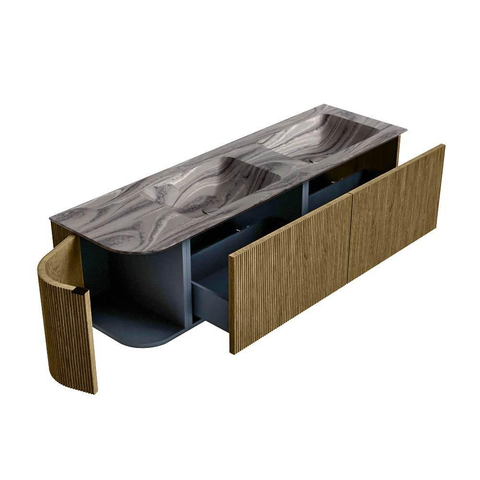 MONDIAZ KURVE-DLUX Meuble de salle de bains 155cm arrondi à gauche couleur Dusk avec 2 tiroirs et 1 porte. Lavabo LEAF Double / Droite sans trou de robinet Sombra. SW1433891