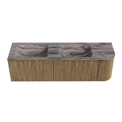 MONDIAZ KURVE-DLUX 155cm badmeubel ronding Rechts kleur Dusk met 2 lades en 1 deur. Wastafel LEAF Dubbel / Links 2 kraangaten Sombra. SW1433898