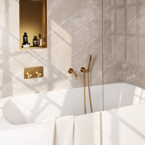 BRAUER Gold Edition mitigeur de bain encastré thermostatique - boutons-poussoirs SET 03 - bec - douchette à main bâton - flexible de douche - coude de raccordement mural - laiton brossé PVD SW925647