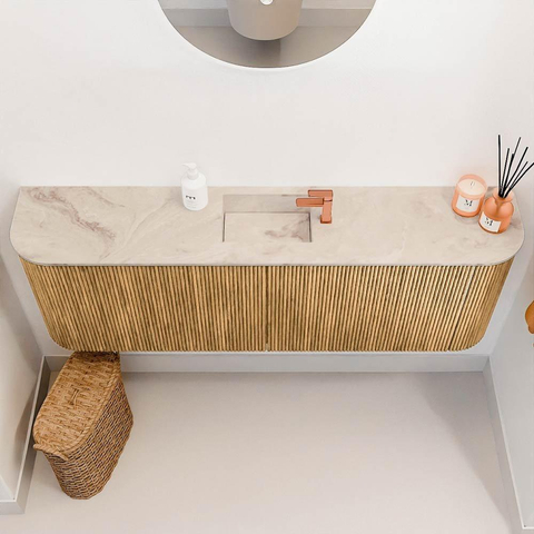 Mondiaz JOYA-DLUX 123.2cm toiletmeubel - ronding links en rechts kleur Oak - Wastafel FAYE positie Midden 1 kraangat kleur Frappe. SW1421966