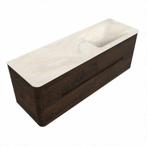 Mondiaz CIRO-DLUX Meuble de salle de bains - 140x45x50cm - Plan vasque Solid surface Ostra - 1 lavabo à droite - sans trous de robinet - 4 tiroirs - Noyer SW1530405