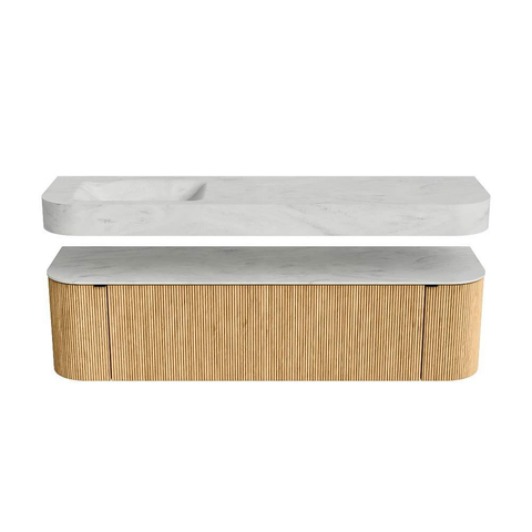 MONDIAZ THOR-DLUX 170cm meuble de salle de bains arrondi gauche + droite couleur Oak avec 1 tiroir et 2 portes. Vasque suspendue CLOUD Gauche sans trou de robinet couleur Opalo. SW1465429