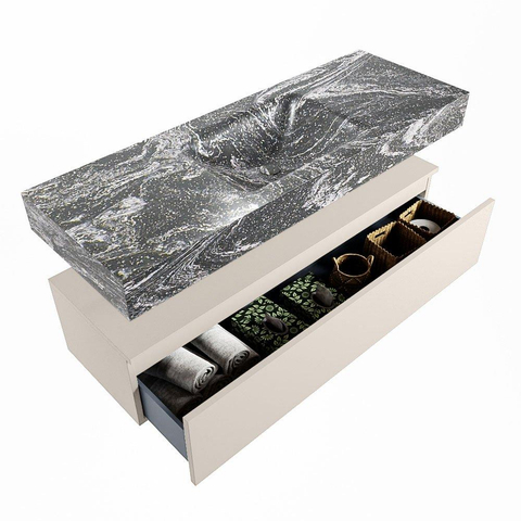 Mondiaz ALAN-DLUX Ensemble de meuble - 130cm - meuble Linen mat - 1 tiroir - Lavabo Cloud Lava suspendu - vasque Centre - 1 trou de robinet SW808055