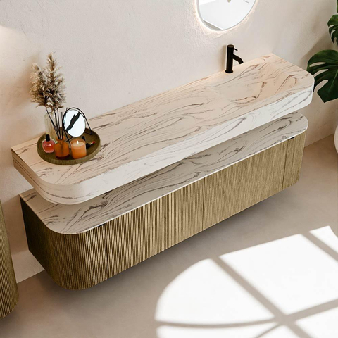 MONDIAZ THOR-DLUX 180cm meuble de salle de bains arrondi gauche + droite couleur Dusk avec 2 tiroirs et 2 portes. Vasque suspendue CLOUD Droite 1 trou de robinet couleur Nata. SW1466213