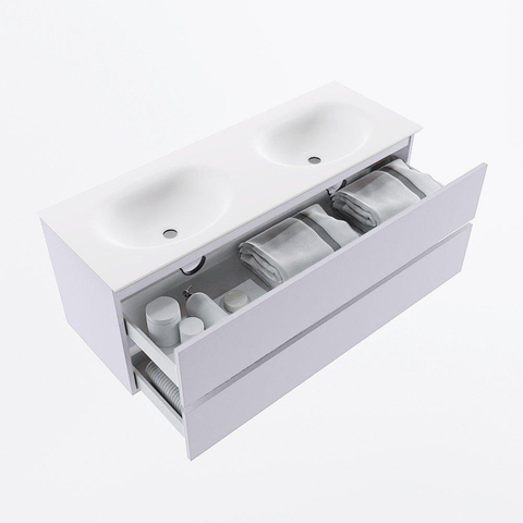 Mondiaz VICA Ensemble meuble de salle de bains - 130cm - cale - 2 tiroirs - Lavabo MOON - double sans trou de robinet - couleur talc - version XL 60cm de haut SW1189242