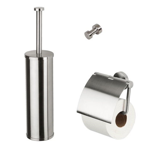 Geesa Nemox Toiletaccessoireset - Toiletborstel met houder - Toiletrolhouder met klep - Handdoekhaak - RVS geborsteld SW114141