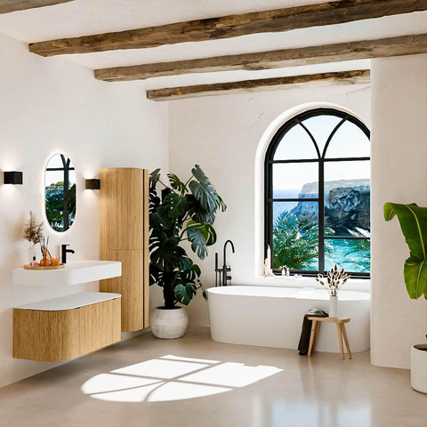 MONDIAZ THOR 100cm meuble de salle de bains arrondi gauche + droite couleur Oak avec 1 tiroir et 2 portes. Vasque suspendue CLOUD Droite 1 trou de robinet couleur Talc. SW1467299