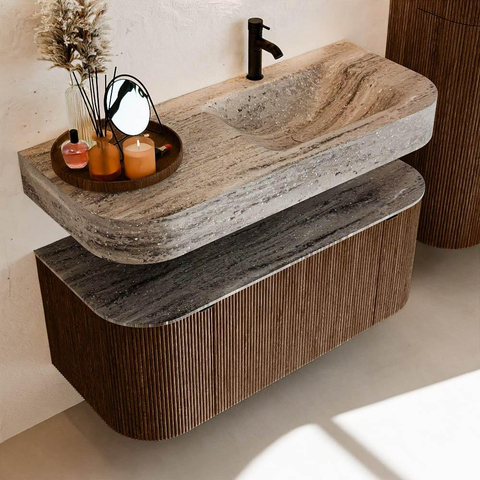 MONDIAZ THOR-DLUX 110cm badmeubel ronding links + rechts kleur Walnut met 1 lade en 2 deuren. Vrijhangende wastafel CLOUD Rechts 1 kraangat kleur Oza. SW1462975