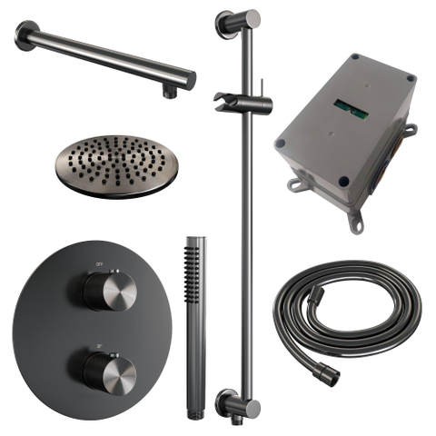 BRAUER Gunmetal Carving thermostatische Inbouw Regendouche - 3-weg - rond - set 85 - 20cm hoofddouche - rechte muurarm - staaf handdouche - doucheslang - geïntegreerde glijstang - gunmetal geborsteld PVD SW1159147