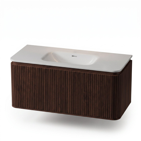 Royal Plaza Terra Edge Ensemble meuble de salle de bains - 100x44.7x46cm - vasque en solid surface blanc mat - 1 vasque - sans trou de robinet - 2 tiroirs - châtaigne (noyer) SW1471915