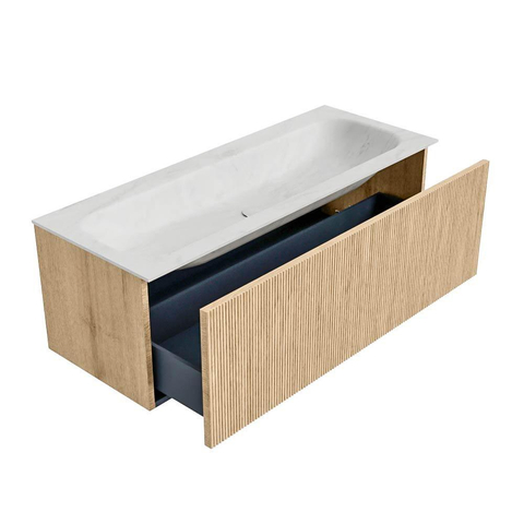 MONDIAZ KURVE-DLUX Meuble de salle de bains 120 cm couleur Oak avec 1 tiroir. Lavabo BIG LARGE au centre 2 trous de robinet couleur Opalo. SW1137550