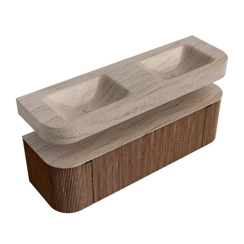 MONDIAZ THOR-DLUX 150cm badmeubel ronding links + rechts kleur Walnut met 1 lade en 2 deuren. Vrijhangende wastafel CLOUD Dubbel 2 kraangaten kleur Saba. SW1465061