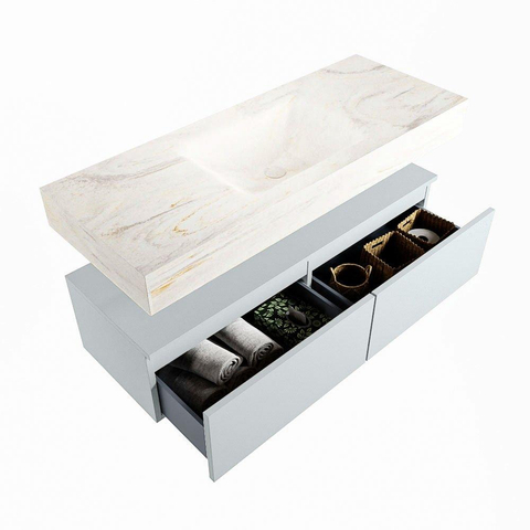 Mondiaz ALAN-DLUX Ensemble de meuble - 120cm - meuble - Clay mat - 2 tiroirs - Lavabo Cloud Ostra suspendu - vasque Centre - 1 trou de robinet - Beige SW807864