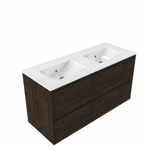 Saniclass Holz Pure Meuble de salle de bain - 120x45x60cm - lavabo en céramique blanc - 2 vasques - sans trous de robinet - 4 tiroirs - Charcoal SW1437769