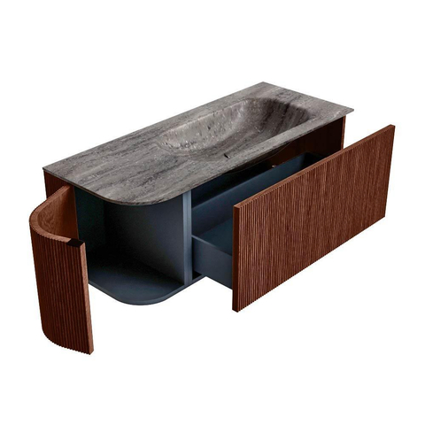 MONDIAZ KURVE-DLUX Meuble de salle de bains 115cm arrondi à gauche couleur Ruby avec 1 tiroir et 1 porte. Lavabo BIG SMALL à droite sans trou de robinet Oza. SW1432782
