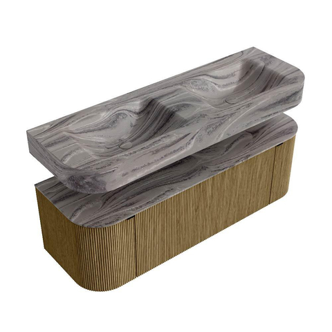 MONDIAZ THOR-DLUX 140cm meuble de salle de bains arrondi gauche + droite couleur Dusk avec 1 tiroir et 2 portes. Vasque suspendue CLOUD Double 2 trous de robinet couleur Sombra. SW1464251
