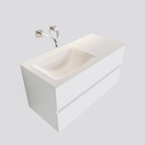 MONDIAZ VICA Badkamermeubelset - 100cm - 2 lades - wasbak Cloud links - 0 kraangaten - solid surface talc OUTLETSTORE STORE44597