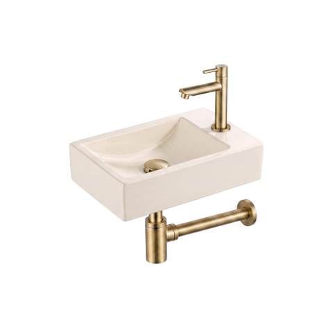 Saniclass Fuente pack lave-mains – rectangulaire – 40 x 22 x 10 cm – Solid Surface beige – robinet doré brossé SW1587195