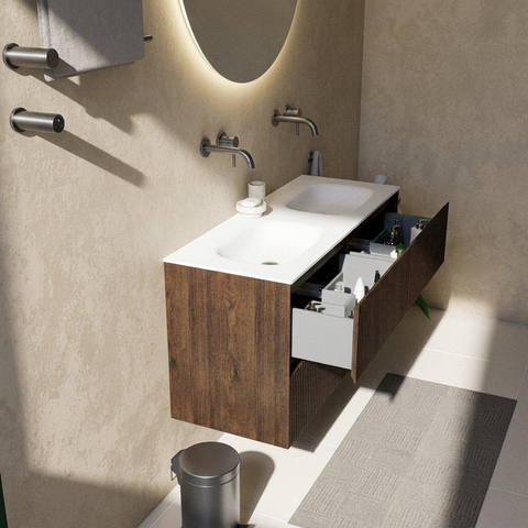 Saniclass Holz Atelier Badkamermeubelset - 120x45x61.5cm - Flow solid surface wastafel wit - 2 wasbakken - zonder kraangaten - 2 lades - mat eiken charcoal (hout) SW1478408