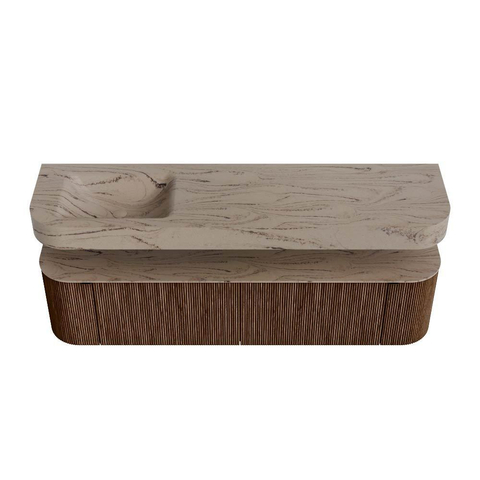 MONDIAZ THOR-DLUX 180cm meuble de salle de bains arrondi gauche + droite couleur Walnut avec 2 tiroirs et 2 portes. Vasque suspendue CLOUD Gauche 1 trou de robinet couleur Arena. SW1466131