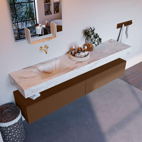 Mondiaz ALAN-DLUX Ensemble de meuble - 200cm - meuble Rust mat - 2 tiroirs - Lavabo Cloud Frappe suspendu - vasque Gauche - 0 trous de robinet SW805165