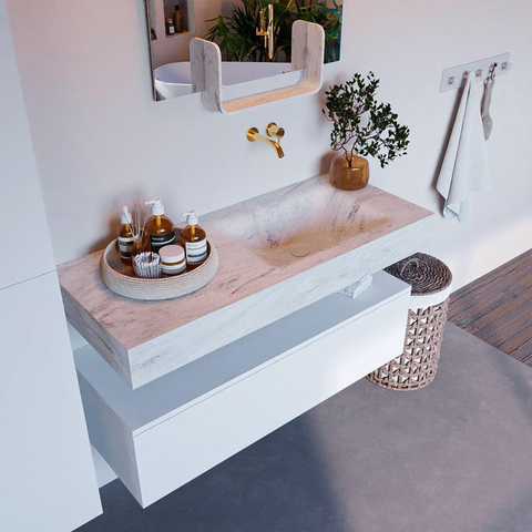 Mondiaz ALAN-DLUX Ensemble de meuble - 110cm - meuble Talc mat - 1 tiroir - Lavabo Cloud Opalo suspendu - vasque Droite - 0 trous de robinet SW806246