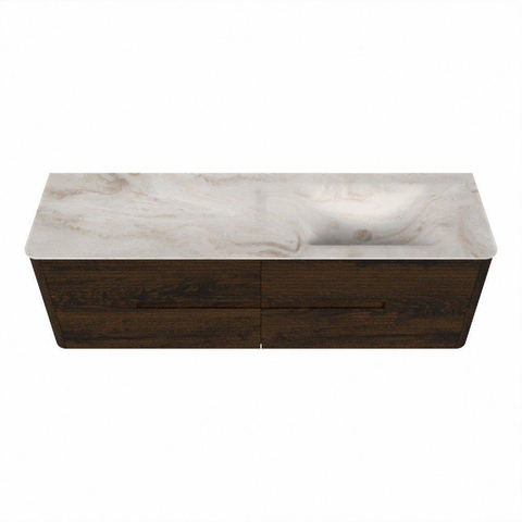 Mondiaz CIRO-DLUX Badkamermeubelset - 160x45x50cm - Solid surface wastafel Frappe - 1 wasbak Rechts - 1 kraangat - 4 lades - Walnut SW1530224