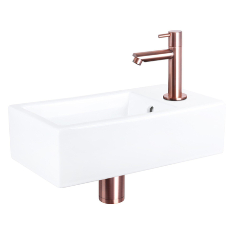 Differnz Force kit lave-mains - 40x22x11.5cm - Rectangulaire - 1 trou de robinet - Robinet rose cuivre droit - Céramique blanche SW373224