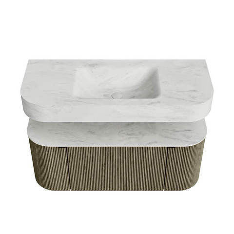 MONDIAZ THOR-DLUX Meuble de salle de bains 110cm arrondi gauche + droite couleur Shadow avec 1 tiroir et 2 portes. Vasque suspendue CLOUD Milieu 1 trou de robinet couleur Opalo. SW1462869