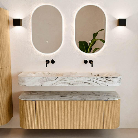 MONDIAZ THOR-DLUX 140cm meuble de salle de bains arrondi gauche + droite couleur Oak avec 1 tiroir et 2 portes. Vasque suspendue CLOUD Double sans trou de robinet couleur Glace. SW1463893