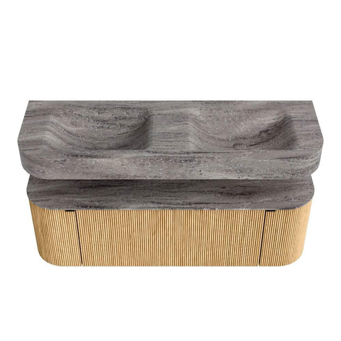 MONDIAZ THOR-DLUX 140cm badmeubel ronding links + rechts kleur Oak met 1 lade en 2 deuren. Vrijhangende wastafel CLOUD Dubbel zonder kraangat kleur Oza. SW1464254