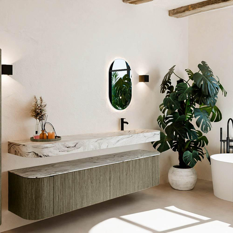MONDIAZ THOR-DLUX 200cm meuble de salle de bains arrondi gauche + droite couleur Shadow avec 2 tiroirs et 2 portes. Vasque suspendue CLOUD Droite 1 trou de robinet couleur Glace. SW1467023