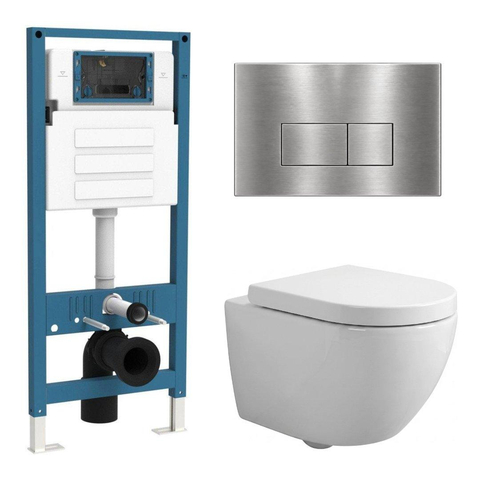 QeramiQ Dely Swirl Compact Toiletset - inbouwreservoir QeramiQ flush - 25mm zitting - metalen bedieningsplaat RVS - rechthoekige knoppen - glans wit SW1590601