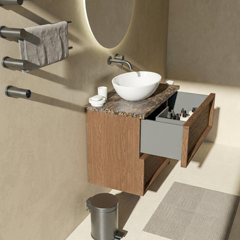 Saniclass Holz Frame Badkamermeubelset - 80x45x63cm - Noche natuurstenen topblad dark emperador - zonder kraangat - 2 lades - mat walnut pure (hout) SW1579944