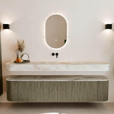 MONDIAZ THOR-DLUX 200cm meuble de salle de bains arrondi gauche + droite couleur Shadow avec 2 tiroirs et 2 portes. Vasque suspendue CLOUD Milieu sans trou de robinet couleur Frappe. SW1467026