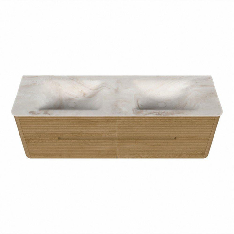 Mondiaz CIRO-DLUX Badkamermeubelset - 150x45x50cm - Solid surface wastafel Frappe - 2 wasbak Dubbel - 2 kraangaten - 4 lades - Oak SW1530871