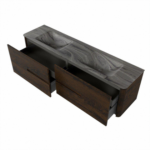 Mondiaz CIRO-DLUX Badkamermeubelset - 180x45x50cm - Solid surface wastafel Sombra - 2 wasbak Dubbel - zonder kraangaten - 4 lades - Walnut SW1530892