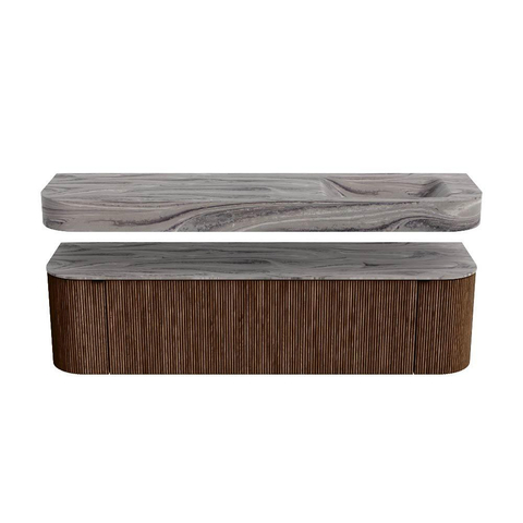 MONDIAZ THOR-DLUX 170cm meuble de salle de bains arrondi gauche + droite couleur Walnut avec 1 tiroir et 2 portes. Vasque suspendue CLOUD droite sans trou de robinet couleur Sombra. SW1465844